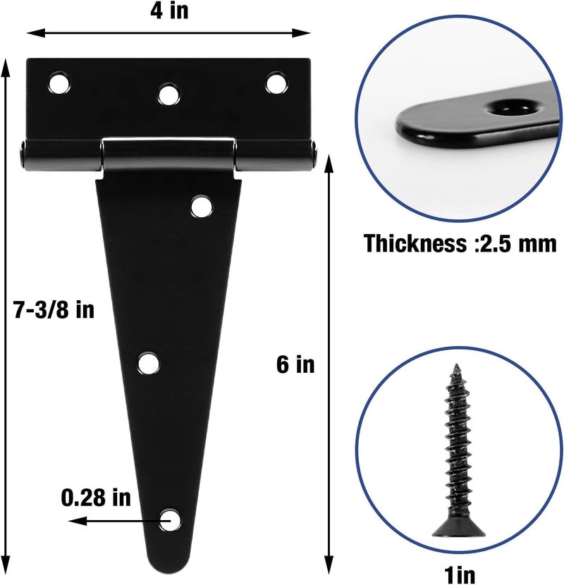 TDCHINGES 6 Inch Shed Door Hinges T-Strap Gate Hinge Heavy Duty 2 Pack Barn Farm Fence Tee Hinges for Doors Outdoor Kitchen Wood Cabinet Interior Exterior Window Bar Shop Matte Blake Door Hinge Hardware Kit - Image 2